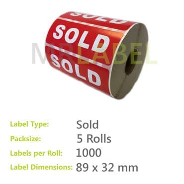 Pack of 5 Sold Parcel Labels - Medium - 89 x 32mm - 1000 Labels per Roll
