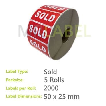 Pack of 5 Sold Parcel Labels - Small - 50 x 25mm - 2000 Labels per Roll