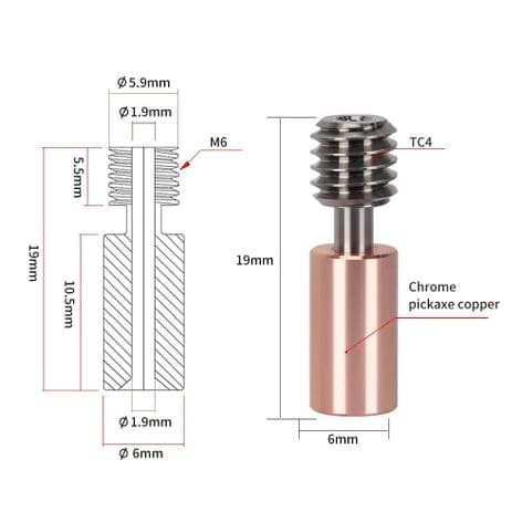 Bimetal Heat Break 1.75mm Copper/Titanium alloy For Ender3 S1 Pro
