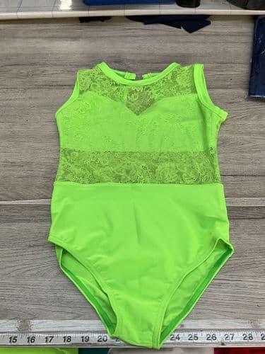 Age 9-11, flo gree lycra and lace leotard