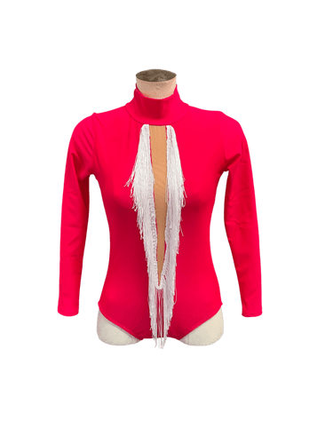 Flo pinky red Matt lycra leotard, bands & pony cone. Age 12-13