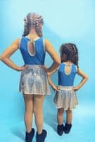 High front leotard with keyhole back and sequin skirt on silver waistband