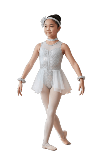 Mermaid lyrical in white holographic mermaid foil and white Alicante mesh. Age 7-8