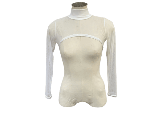 Mesh cropped overtop. High neck, keyhole back. Long sleeve