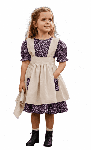 Orphan Annie dress, apron and bloomers in aubergine & beige