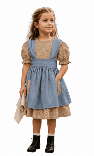 Orphan Annie dress, apron and bloomers in beige & chambray
