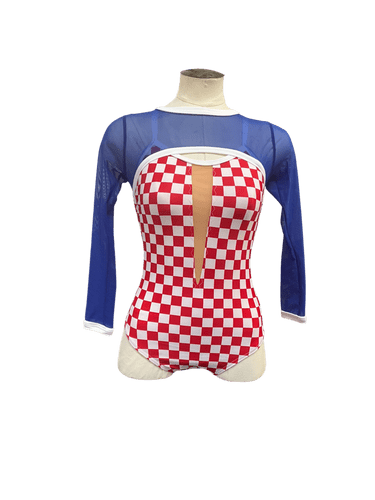 Red & white check with blue mesh cropped over top, bands and pony cone. Age 9-11