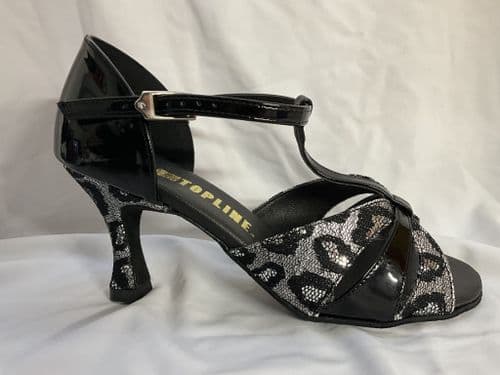 Topline Gina. UK 4. Lurex, patent. Black/silver animal print. 2 1/2” heel