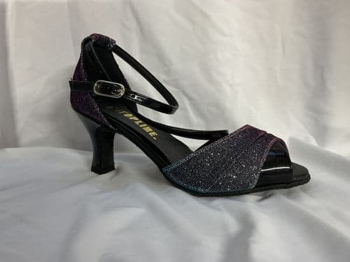 Topline Ophelia. UK 4. Patent black, turquoise/fushia lurex. 2 1/2” flare heel