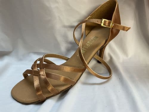 Topline. .Anna Latin. UK 6 1/2. Tan satin. 3” slim heel