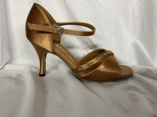 Topline. Elsie Latin UK 4 1/2 tan satin. 3” slim heel