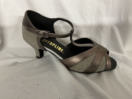 Topline. Helen. UK 4 1/2. Lurex wht/silver/gunmetal 2” heel