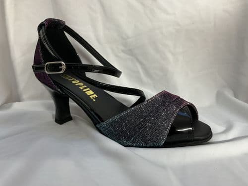 Topline. Ophelia. UK 4. Black patent & turquoise/fushia lurex. 2 1/2” flare heel