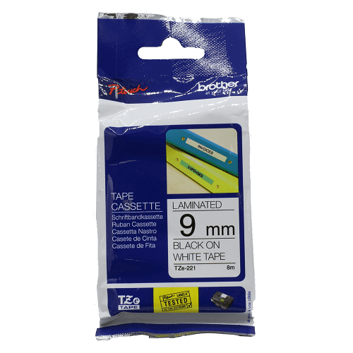 TZ-221 - 9mm Black on White Laminated Tape