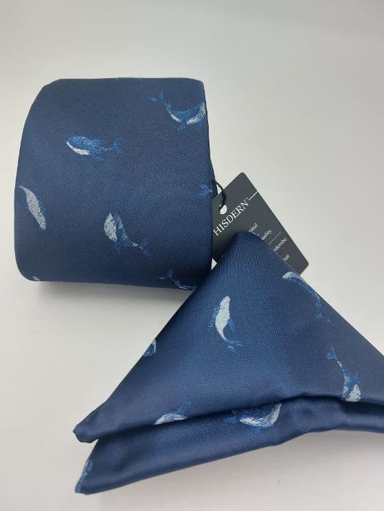 ** NEW ** Silk Navy Blue Whale Necktie and matching Handkerchief