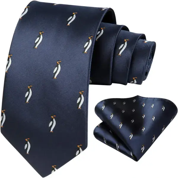 Silk Navy Blue Penguin Necktie and matching  Handkerchief