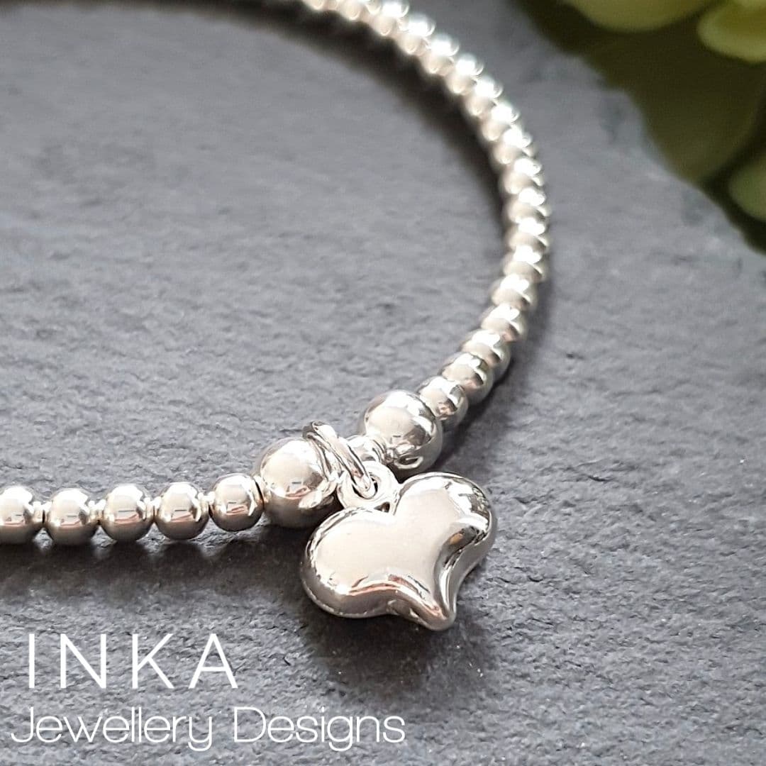 Inka 925 Sterling Silver Beaded Stacking Bracelet – Star & Heart Dangle Charms, 18cm, Nickel-Free, UK Made