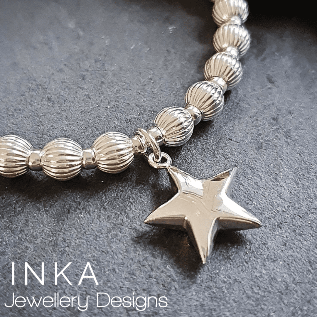 thumbnail image 2 of Inka 925 Sterling Silver Beaded Stacking Bracelet – Star & Heart Dangle Charms, 18cm, Nickel-Free, UK Made 2 of 5