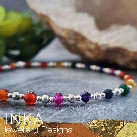 INKA Sterling Silver Gemstone Rainbow Anklet