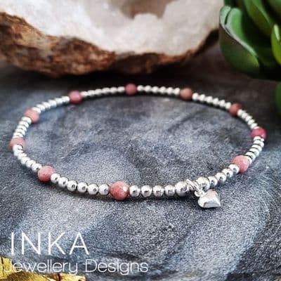 INKA Sterling Silver & Rhodonite Heart charm Anklet