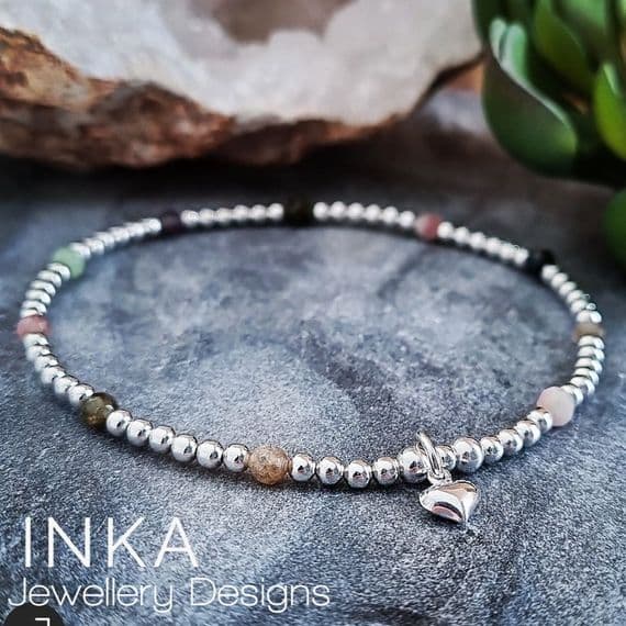 INKA Sterling Silver & Tourmaline Heart charm Anklet