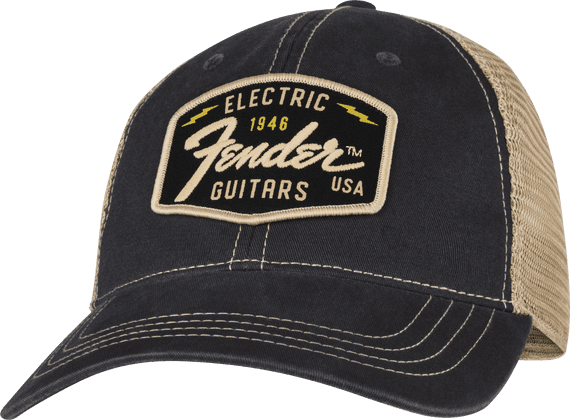 Fender Transition Logo Patch Hat, Black/Stone, Worn Look Peak, One Size