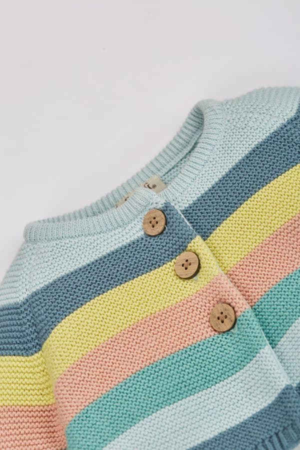 Frugi Blue Rainbow Stripe Bright as a Button Cardigan