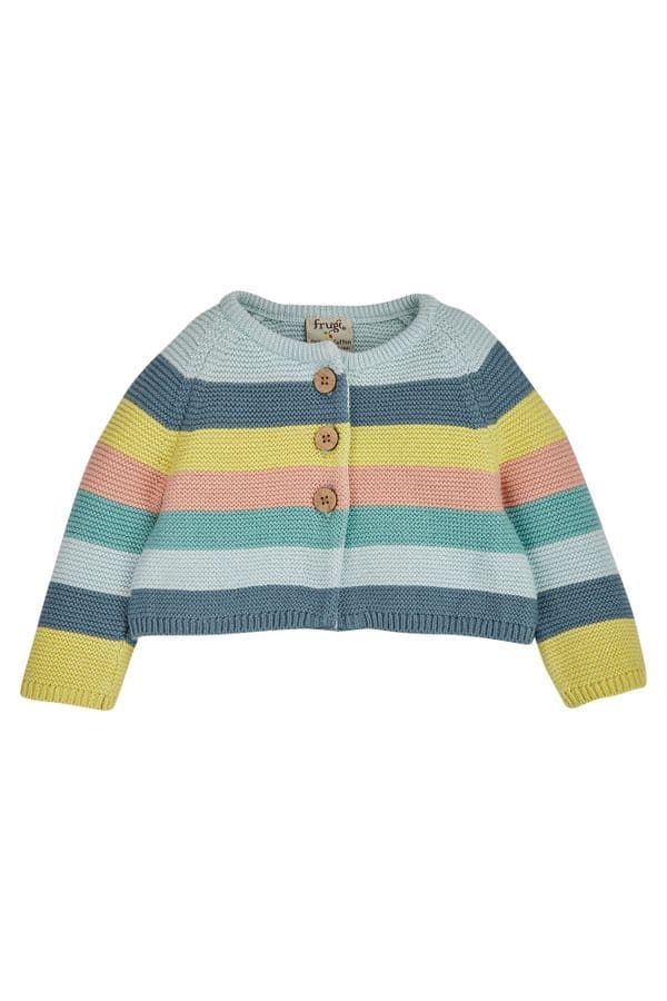 Frugi Blue Rainbow Stripe Bright as a Button Cardigan