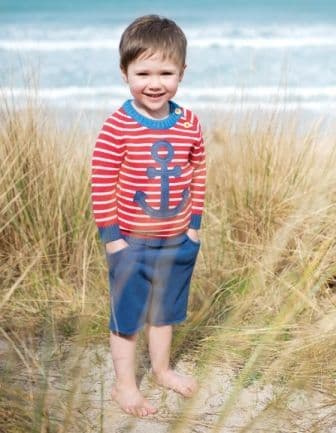 Frugi Little Finn Knitted Jumper Tomato Stripe Anchor