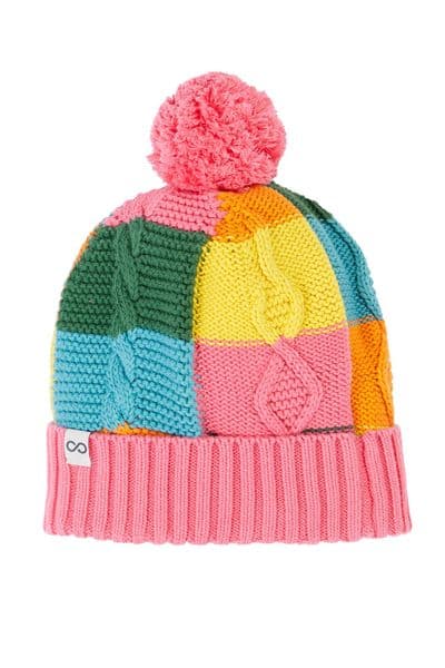 Frugi Rainbow Check Cable Knit Bobble Hat