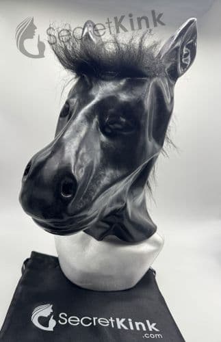 Black Latex Horse Pony Hood with Mane