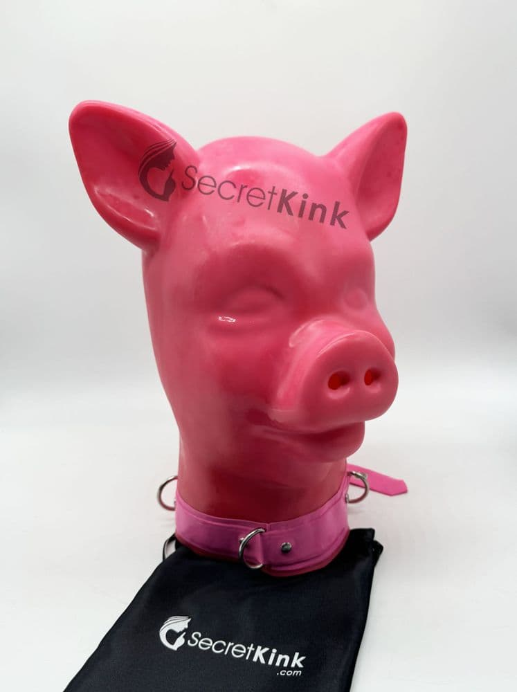Extra Thick Pink Latex Pig Hood with Padlock Collar