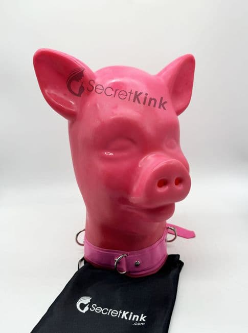 Extra Thick Pink Latex Pig Hood with Padlock Collar
