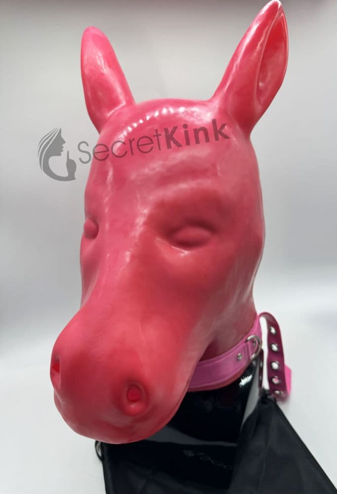 Pink Extra Thick Latex Horse Hood with Padlock Collar