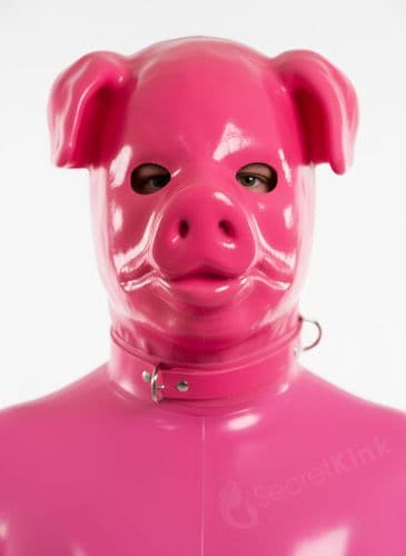 Thick Latex Pink Pig Hood with Zipper & Attached Collar