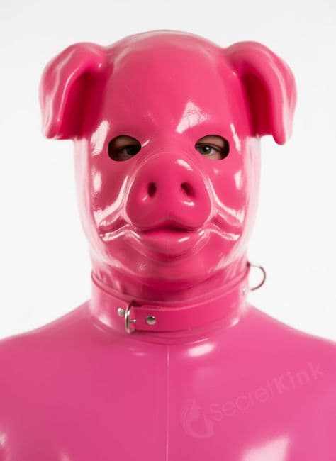 Thick Latex Pink Pig Hood with Zipper & Attached Collar