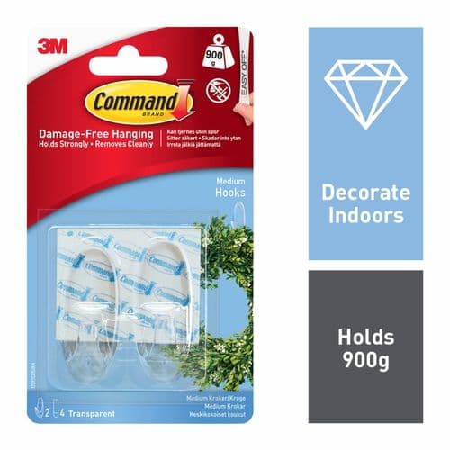 Command™ Clear Hooks - Medium 2 hooks, 4 medium strips
