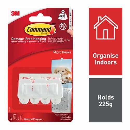 Command™ Micro Hooks - 3 hooks, 4 small strips