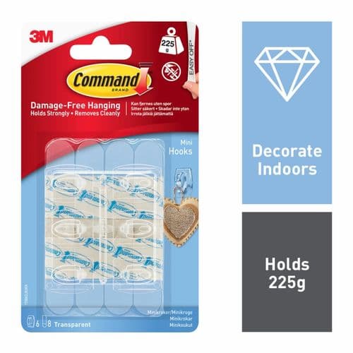 Command™ Mini Hooks Clear - 6 hooks, 8 small strips