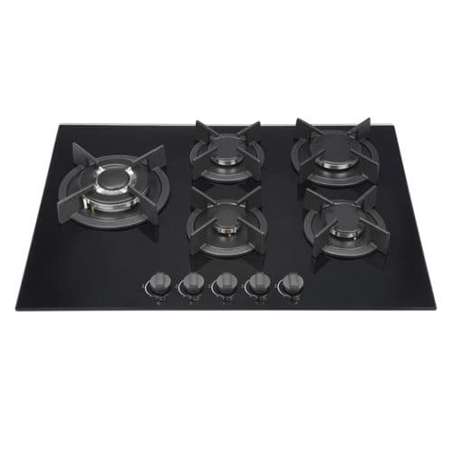 Kitchenplus Gas Burners On Black Glass Hob - 5 Burner - 700mm