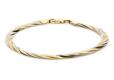 18ct 3-Colour Gold 4.5mm Plaited Herringbone Bracelet 19cm/7.5