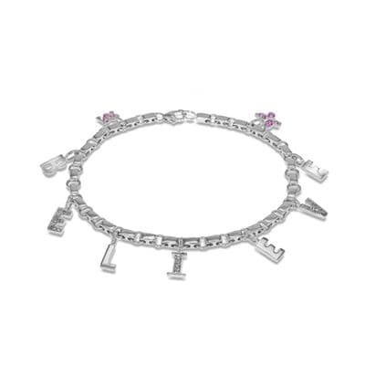 18ct White Gold 0.11ct Diamond and Pink Sapphire 'Believe' Bracelet 19cm/7.5