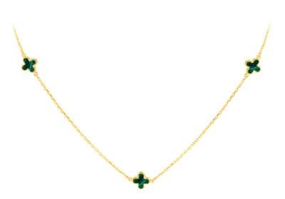 18ct Yellow Gold 3 x 6.5mm Malachite Clover Petals Necklace 41-43cm/16-17