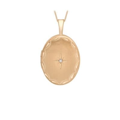 9ct Rose Gold 0.01ct Diamond Set 16mm x 25mm Etched Oval Locket