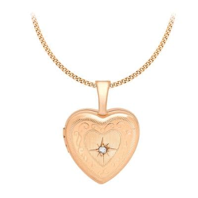 9ct Rose Gold 12mm x 18mm Diamond Set Etched Heart Locket