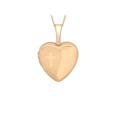 9ct Rose Gold 12mm x 18mm Etched-Cross-Detail Heart Locket