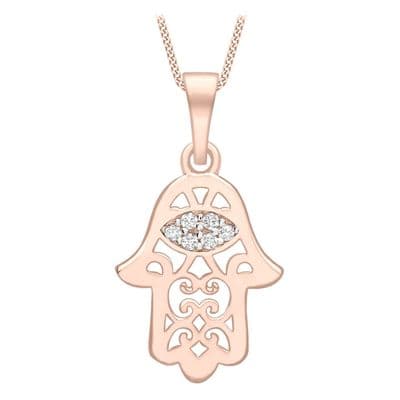 9ct Rose Gold and White Gold Filigree CZ Hamsa Pendant Necklace
