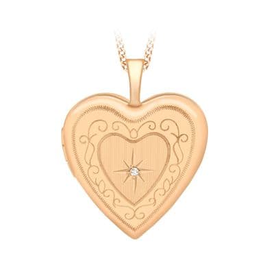 9ct Rose Gold Diamond Set Etched Heart Locket