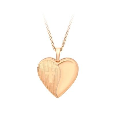 9ct Rose Gold Etched Cross Detail Heart Locket