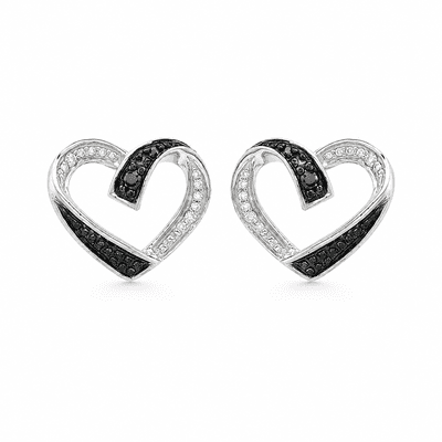 9ct White Gold 0.05ct Black and White Diamond Heart Stud Earrings